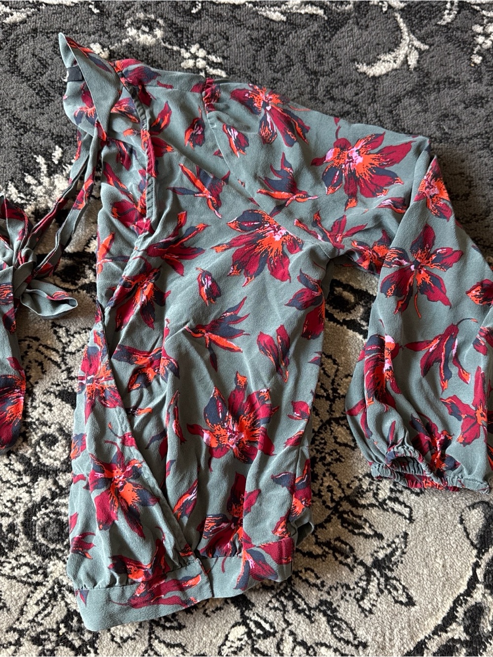 Madewell Sage Green Blouse with Red Floral Print Wrap top